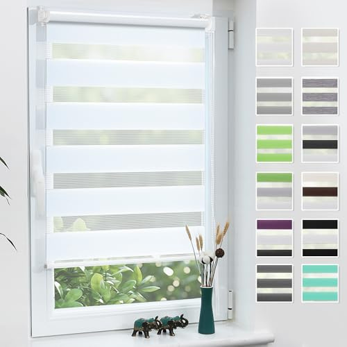 Grandekor Doppelrollo Klemmfix ohne Bohren 35x130cm Stoffbreite 35cm Weiß Fenster Rollos für innen Klemmrollos Duo Rollos für Fenster ohne Bohren mit Bohren Privatschutz UV-Schutz Zebrarollo