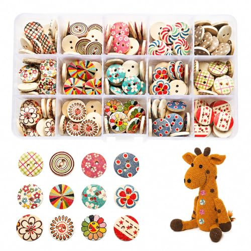 225 Stück 15 Mm Bunte Knöpfe Kinder Puppenknöpfe Bunte- Rund Knöpfe Set Holzknöpfe Natur Vintage Knöpfe Buntes Knöpfe Zum Basteln mit 2 Löcher für Diy Nähen Handwerk Stricken Kleidung Und Basteln