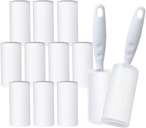 Oiamker Fusselrolle 12 Rollen mit 2 Abroller 2 Staubschutzhülle, Extra Klebrige Fusselrolle Kleidung, Fusselroller für Kleidung, Haare, Katzenhaare, Hundehaare, 60 Blatt/Rollen