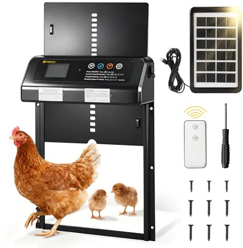 MELLWIN Solar Elektrische Hühnertür 35 * 25cm mit Lichtsensor,Zeitschaltuhr | Aluminium Automatische Hühnerklappe Regen und Schneeschutz für Hühnerstall Raubtierfest & Sicherheits,Steh nicht früh auf