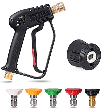 YUET Hochdruckreiniger Pistole mit 5 abnehmbaren Sprühdüsenspitzen | Schnellanschluss und 1/4 Zoll Adapter für Kärcher, Auto-Düsenreiniger, M22–14 mm Armatur, Reinigungssets für Karcher