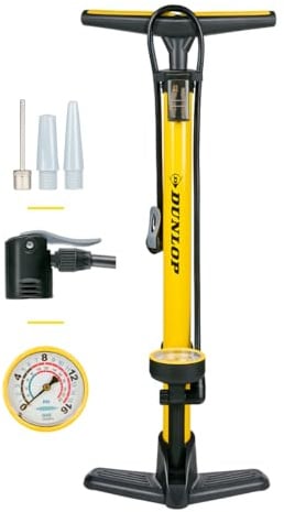 Dunlop Fahrradpumpe mit Manometer - Luftpumpe Fahrrad für Dunlop-, Schrader- und Französisches Ventil - Standluftpumpe inkl. Adapter für Wasserspielzeug und Bälle - Roller- und Autoreifen