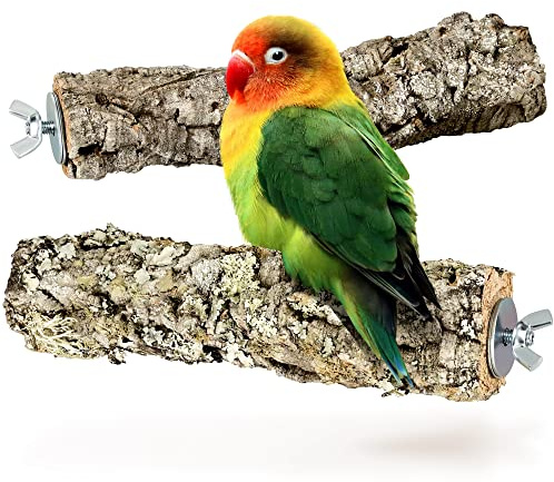 2er-Set Kork Vogel-Sitzstangen aus Naturkork-Rinde | gereinigt | zum Sitzen, Anknabbern, Knuspern. Sitz-Stange aus natürlichem Kork für Wellensittiche, Kanarienvogel, Papagei, Vögel, Edelstahl