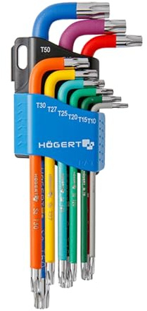Högert Technik - TORX Set Schlüssel 9 Stück T10-T50, Schraubendreher Imbus 6kant Schlüssel Set Winkelschraubendreher, Aus S2-legiertem Stahl, Beständig gegen Verformung und Abrieb, Mehrfarbig