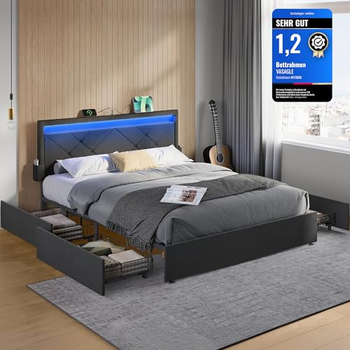 VASAGLE Doppelbettgestell, Metallbett, LED, 4 Schubladen, Ladestation | Passend für 160 x 200 cm Matratze, verstellbares gepolstertes Kopfteil, schiefergrau, MAZEY Kollektion RMB828G02