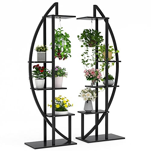 Tribesigns Blumenständer, 2 Stück Pflanzenregal mit 5 Ebenen und 2 Haken, 160cm Hoch Pflanzenständer Metall Blumenregal für Indoor Balkon Boden Blumentreppe Wohzimmer (Mattschwarz)
