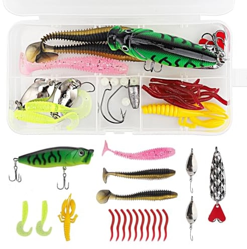 Angelzubehör, 27-teiliges für Angelköder-Set, enthält Gummiköder, Harte Köder, Zubehör und Spinner, geeignet für Süß- und Salzwasserangeln