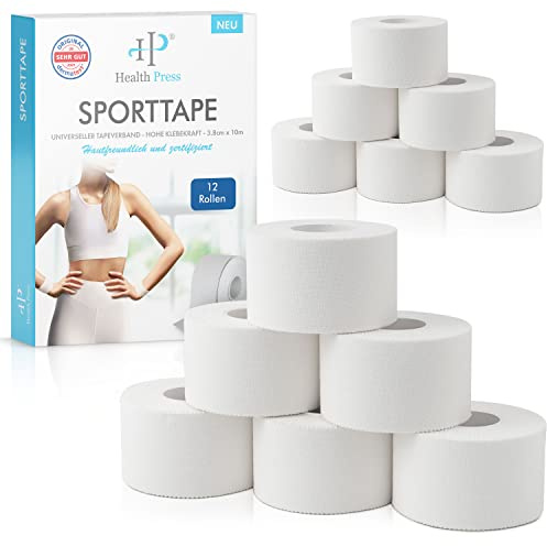 Health Press Sporttape - 12 Tape Rollen (3,8cm x 10m) - Sporttape weiß - reißbares Profi Sport Tape - Sport Tapeverband für alle Sportarten