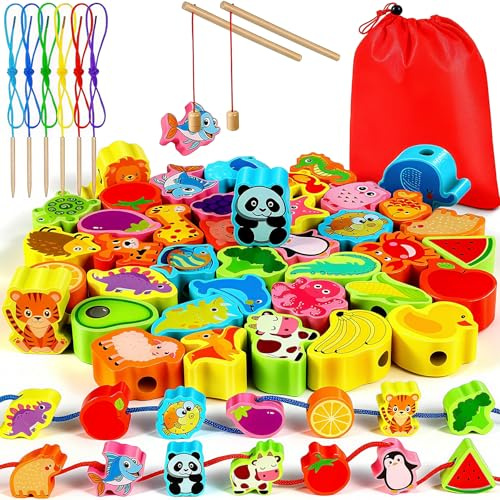 Jojoin Fädelspiel Montessori Spielzeug - Fädelspiel Angelspiel Spiele ab 3 Jahre - 54 Stück Holzspielzeug Magnetisches Angelspiel - Geschenk Mädchen Junge