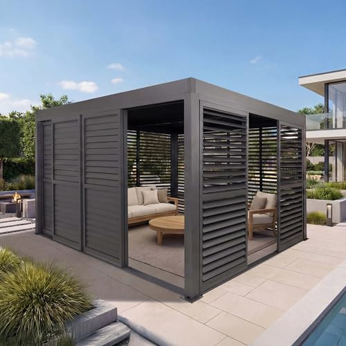 Mendler Alu Pergola HWC-L46 11cm-Gestell 3x4m - anthrazit | Pavillon, Terrassenüberdachung, 7x Lamellenpaneel, Schiebetüren