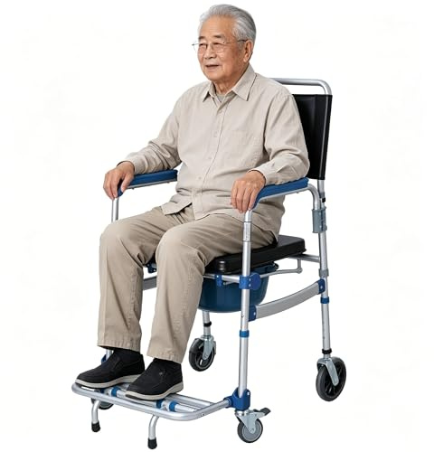 bimiti Toilettenstuhl mit Rollen bis 150kg Duschrollstuhl Wasserdichter Toilettenstuhl Fahrbar Nursing Chair für Senioren, Kranke, Behinderte und Schwangere