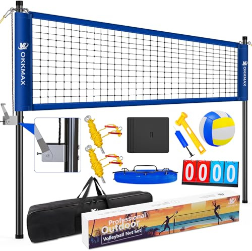 OKKMAX Professionelles Volleyballnetz für den Außenbereich, mit verstellbaren Pfosten, tragbares Anti-Tangle-Design, inklusive Marker, Transporttasche für Garten, Strand, Schwarz
