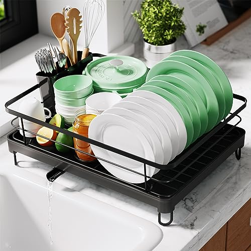 Kitsure Abtropfgestell mit Besteckhalter, 41,9 x 31,8 x 13,9 cm, 4094 | Kompakter Geschirrabtropfer mit verstellbarem Ablauf, rost- und kratzbeständig, eine saubere Küchentheke Schwarz