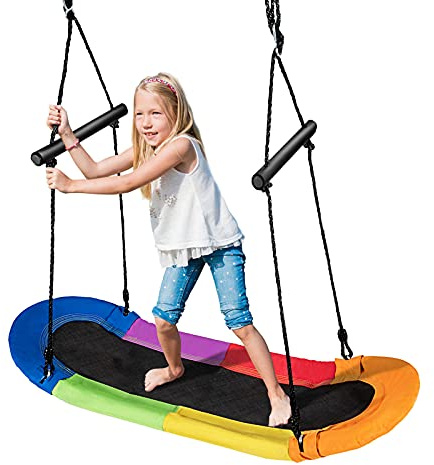 GOPLUS Höheverstellbare Schaukel bis 150 kg belastbar, Gartenschaukel für Erwachsene oder Kinder, extra breiter Sitz für Mehrkind, ahmen aus Stahl, Kinderschaukel für Innen und Außenbereich (Bunt)