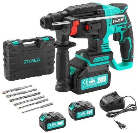 STANEW Akku-Bohrhammer, Schlagbohrmaschine mit SDS-Plus Bohrfutter, bürstenloser Motor, 4500 BPM, 1000 U/min, 6 x Bohrer, Schlagenergie 2J, mit 2 x Akku 20 V, 4,0 Ah und Ladegerät