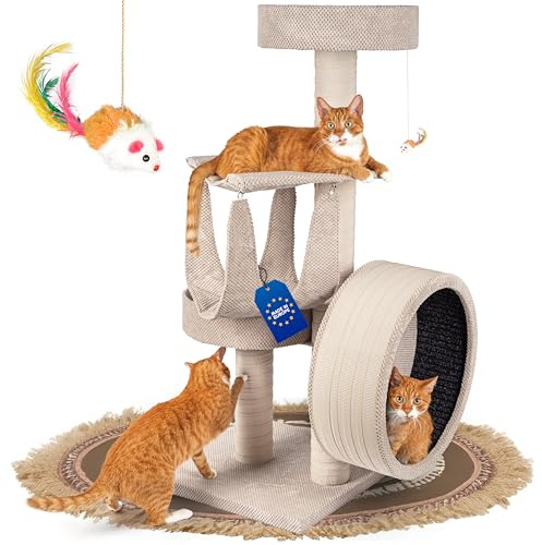 Outentin Kratzbaum für Katzen, mit kleinem Katzenlaufrad aus Holz, Massiver & Stabiler Katzenbaum, Robuster mittelgroßer Kletterbaum & Aktivitätskratzbäume, 135 cm hoch, Dicke Stämme (Beige)