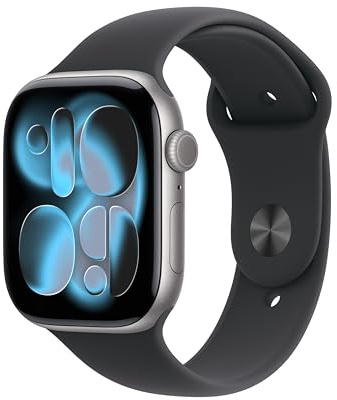 Apple Watch Series 11 GPS + Cellular 46 mm Smartwatch mit Aluminiumgehäuse in Space Grau und Sportarmband in Schwarz (S/M), Schlafindex, Fitnesstracker, Gesundheitsüberwachung, Always-On Display