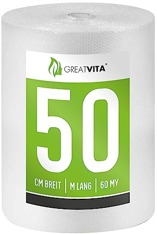 GreatVita Luftpolsterfolie 1 Rolle - 0,5 x 50m (60my) | Premium Qualität - Ideal für Versand, Verpackung Umzug -Verpackungsmaterial | GreatVita