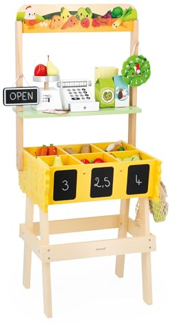 Janod - Kinder-Kaufladen Farm Market - Rollenspiel Kind - 32 Zubehörteile - Fördert die Fantasie - Spielzeug aus FSC-Holz - Wasserfarbe - Ab 3 Jahre, J03322
