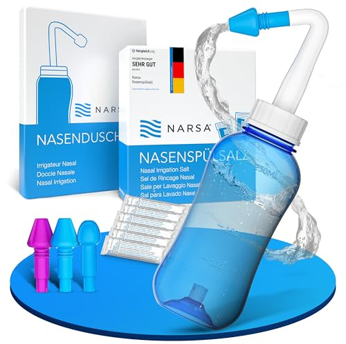 NARSA® Nasendusche Set mit 30x Nasenspülsalz, 3 Aufsätze, 250 ml | Aufsätze für Erwachsene und Kinder, Wasserfluss auf Knopfdruck, spülmaschinengeeignete Teile, leicht zu reinigen