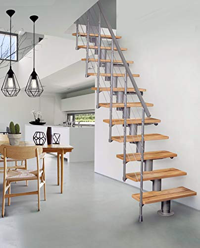 Systemtreppe Atrium Dixi, grau, Geschosshöhe 222-300 cm, mit 80 cm Holzstufen in Buche Natur