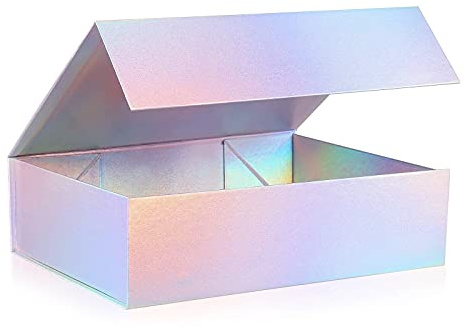 Magnetische Geschenkboxen mit Deckel, 320x240x90 mm große Geschenkboxen für Geschenke, Holographische Silber Luxus Box aus faltbarem Karton mit magnetischem Verschluss (1 Stück)