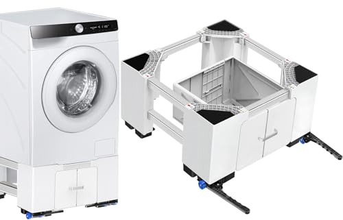 NIUXX Universal Waschmaschinen Untergestell mit Schublade und Rollen (28cm) | Verstellbar Waschmaschinen-Unterschrank mit Bremse (63-69 cm) für Waschmaschinen und Wäschetrockner 400 kg belastbar