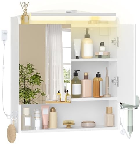 Hzuaneri Spiegelschrank Bad mit Beleuchtung, Badezimmerschrank mit Spiegel, Wandschrank, Haartrockner-Halter und Haken, mit Stecker, Verstellbarer Etagen, Weiß, 16,5 x 60 x 68,5 cm MC10003XEU