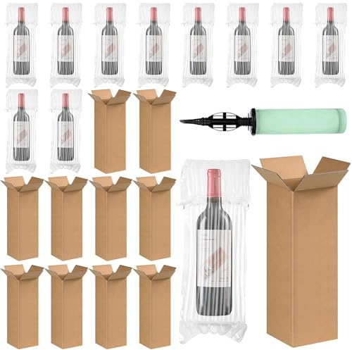 10 Stück Wein Flasche Versandkartons, Weinflaschen Versand Karton mit Bubble-Bag und Pumpe, Stabile Glas Sekt Verpackung Kartons für Sicheren Glasflaschentransport Umzug, Reise Versand