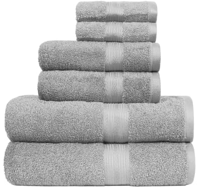 Amazon Basics Handtücher Set 6-teilig, 100% Baumwolle Ausbleichbeständig Weich, 2 Badetücher + 2 Handtücher + 2 Waschlappen, Grau