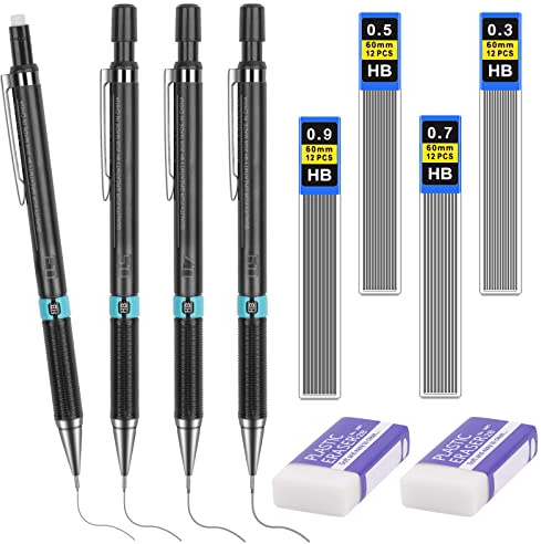 Tikplus Druckbleistift 0,3/0,5/0,7/0.9 mm, 4 Tuben (48 Stück) Bleistiftmine HB Mienenbleistift und 2 Stück Radiergummi, Mechanical Pencil für Skizzieren Zeichnen Schreiben und Hausaufgaben (Schwarz)