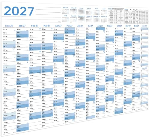 Wandplaner Kalender 2027 - Wandkalender 2027 Größer (100 x 70 cm) | JAN 2027 bis DEZ 2027, Wandkalender Schuljahr 2027 für Schüler und Lehrer - Dunstblau
