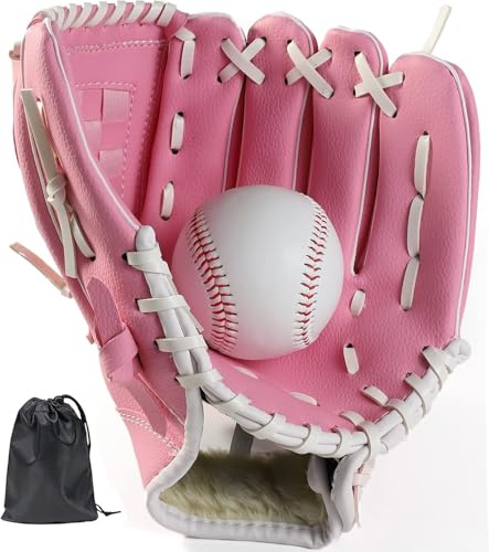 LeapBeast Baseball Handschuhe, Softball Handschuhe mit 1 Ball, Baseball Training Wettbewerb Handschuh Verdicken Dauerhaft Softballhandschuhe für Kinder Erwachsene (Rosa, 12,5 Zoll)