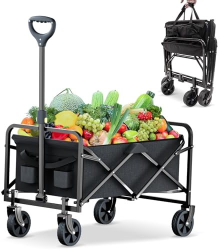 Rowce Bollerwagen Faltbar Strand Handwagen mit Getränkehalter Verstellbarem Griff, Gartenwagen für Alle Gelände Transportwagen, klappbollerwagen 120kg Belastbarkeit für Draussen, Camping, Einkaufen