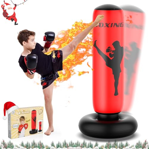 X XBEN 170CM Boxsack für Kinder, Größere Stabile Aufblasbarer Standboxsack ab 3-12 Jahre, Geschenke zum Üben von Karate, Taekwondo und MMA, Rot