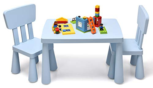 RELAX4LIFE 3-teilige Kindersitzgruppe, Kindermöbelset: 2 Stühle & 1 Tisch, Sitzgarnitur für Kinder zum Schreiben & Lesen & Spielen & Essen, Tisch & Stuhl jeweils bis 50 kg belastbar, Kunststoff (Blau)