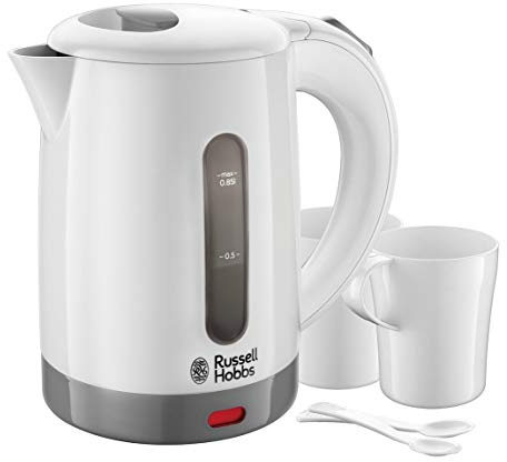 Russell Hobbs Wasserkocher klein [0,85l Reisewasserkocher mit weltweiter Spannungsanpassung] Travel (1000W, inkl. 2 Tassen & 2 Teelöffel, optimierte Ausgusstülle, kompakter kleiner Teekocher) 23840-70