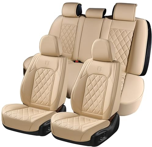 Coverado Sitzbezüge Vorne und Hinten 5 Stück, Auto-Sitzbezüge Set Universal Nappa Leder Kompatibel mit Den Meisten Limousinen SUV Pick-up Truck, TypeA Beige
