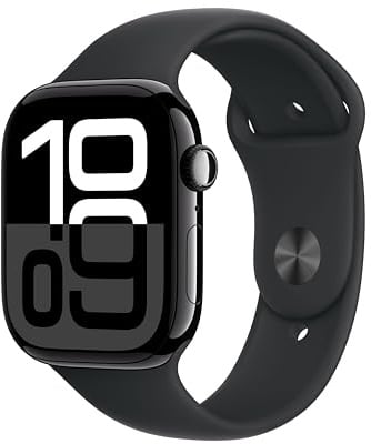 Apple Watch Series 10 (GPS 46 mm) Smartwatch mit Aluminiumgehäuse in Diamantschwarz und Sportarmband in Schwarz (M/L). Fitnesstracker, EKG App, Always-On Retina Display, Wasserschutz