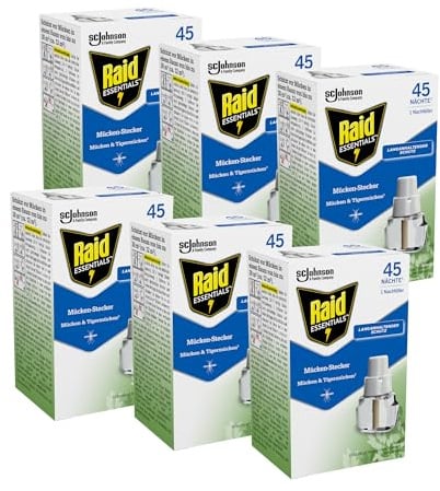 Raid Essentials Mückenstecker 45 Nächte Nachfüller, elektrischer Insektenschutz vor Mücken & Tigermücken, mit pflanzlichen Wirkstoffen, geruchsneutral, 6er Pack (6 x 32 ml)