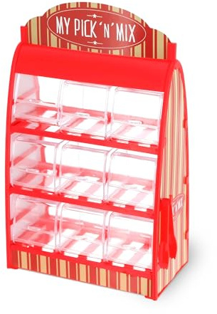 Süßigkeitenspender mit 9 Fächern - 30 x 18 cm - Candy Bar im Retro Design | Candy Bar im Retro Design, mit Zange, für Bonboniere Weingummi Jellybeans, Theke