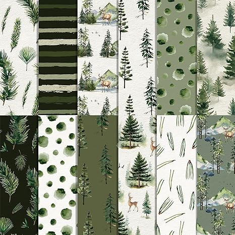 Waldmuster Scrapbooking Papier 30x30 cm, 24 Blatt/12 Designs Doppelseitiges Bastelpapier, Weihnachtsbaum Dekorpapier Decoupage Papier Block für DIY Alben Bullet Journals Süße Geschenke ﻿