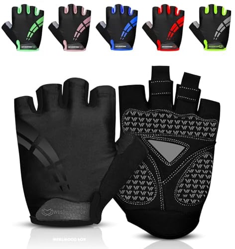 WESTWOOD FOX Fahrradhandschuhe für Herren und Damen Halbfinger-Gel-gepolsterte rutschfeste Mountainbike-Handschuhe atmungsaktive Stoßdämpfung griffige Handfläche (Schwarz, M)