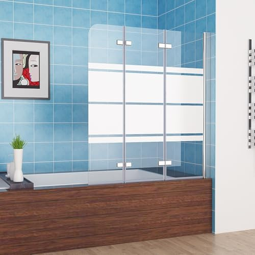 MIQU Duschwand für Badewanne 120 x 140 cm, 3-Teilig Faltwand mit Milchglas | Badewanne Duschabtrennung mit Weiße Streifenmuster Glas, Faltbar Duschtrennwand Aufsatz 180°,Silber Dusche Badewannenaufsatz