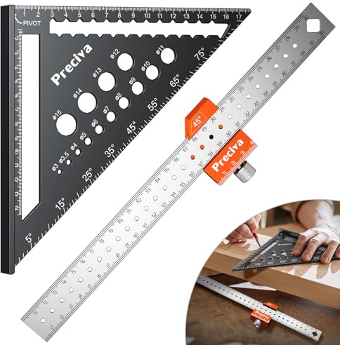 Zimmermannswinkel Set, Preciva 180mm Metrisches Dreieckslineal und 300mm Streichmaß, Anschlaglineal Kombinationswinkel Lineal aus Aluminiumlegierung für DIY, Holzarbeiten, Heimarbeit