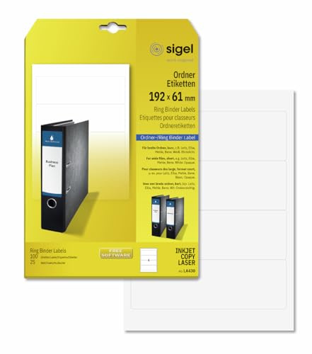 SIGEL LA430 Ordner-Etiketten selbstklebend, bedruckbar, für breite Ordner, kurz, weiß, 100 Etiketten