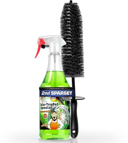 Felgen Reinigungsset | Tuga AluTeufel Spezial Felgenreiniger Gel 1l + Felgenbürste | Alufelgen Reiniger Set mit langer Bürste zur effizienten Auto Felgenpflege