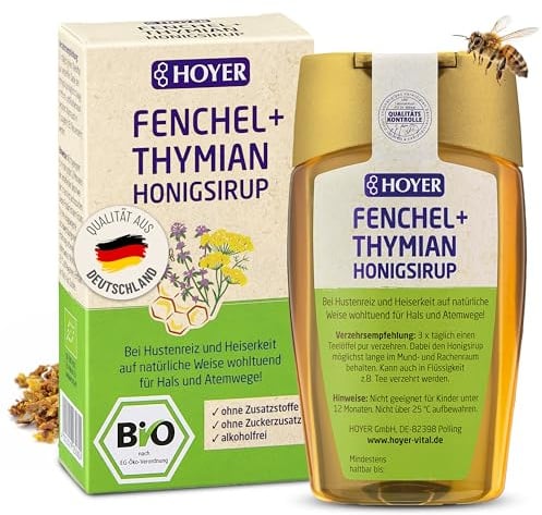 HOYER Bio Honigsirup Fenchel + Thymian 250 g - Für Kinder ab 1 Jahr & Erwachsene - Ohne Zusatzstoffe - Wohltuend bei Husten & Heiserkeit - Honig, Fenchelöl, Thymianöl