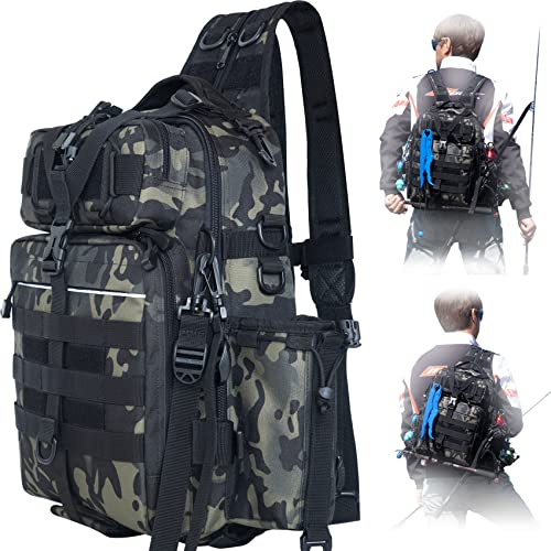 BLISSWILL Angelrucksack mit Rutenhalter, Angelausrüstungstasche, Angelausrüstungstasche, Größe L (40,6 x 30,5 x 15,2 cm), Wald-Tarnmuster, Rucksack