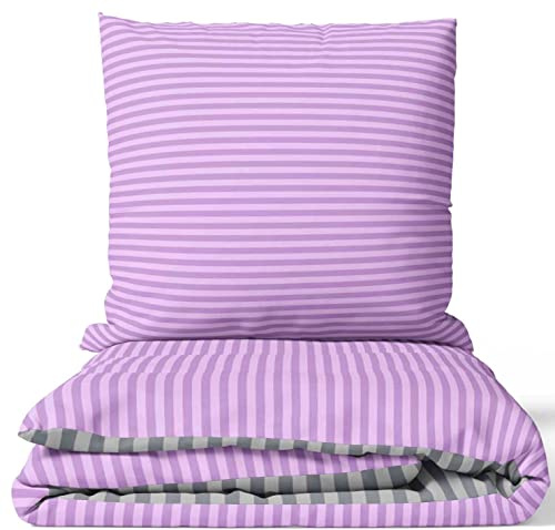 Leonado Vicenti Baumwolle Bettwäsche-Set 155 x 200 cm Lila Stripe Gestreift Bezug Kissen Deckenbezug mit Reißverschluss